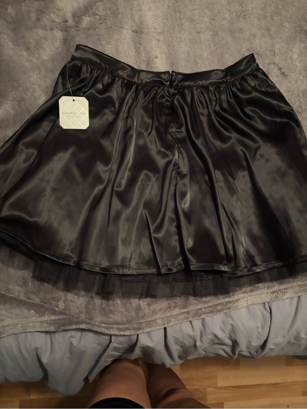 Altar'd State Black Satin Circle Skirt with Tulle Trim